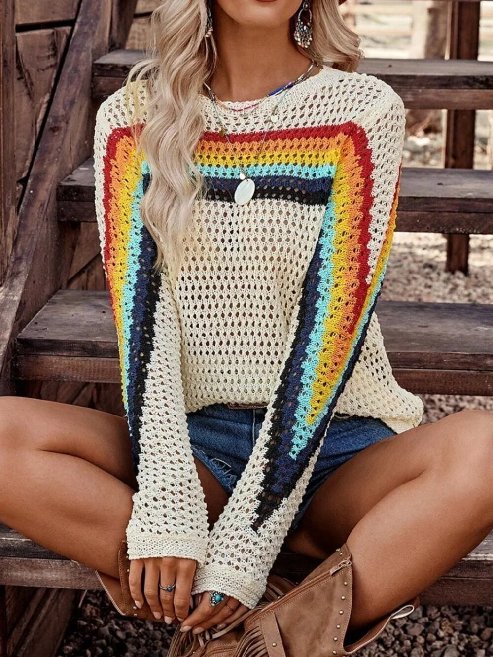 Apricot Casual Women's Striped Hollow-Out Knit Pullover Sweater